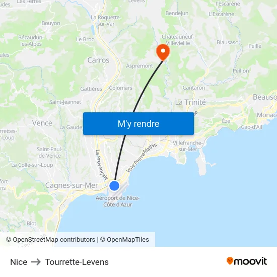 Nice to Tourrette-Levens map