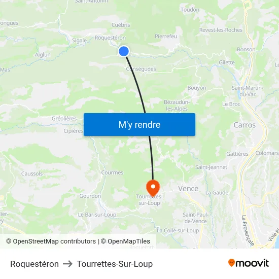 Roquestéron to Tourrettes-Sur-Loup map