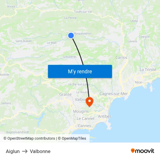 Aiglun to Valbonne map