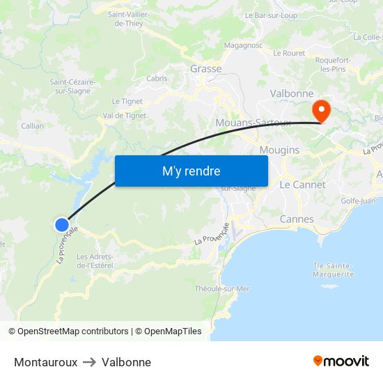 Montauroux to Valbonne map