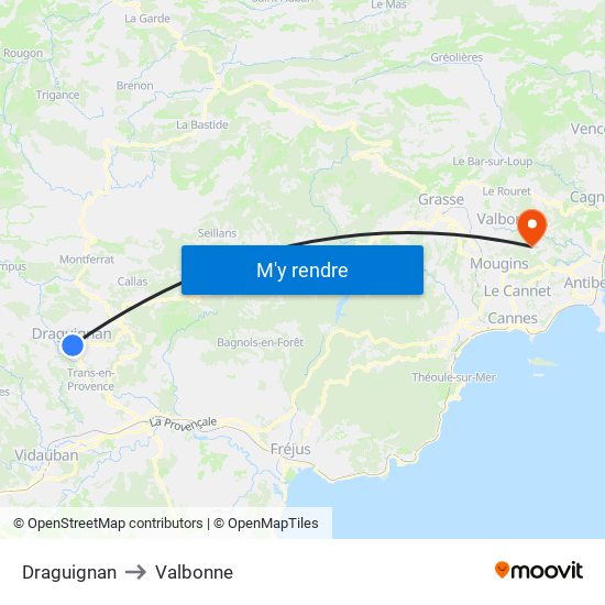 Draguignan to Valbonne map