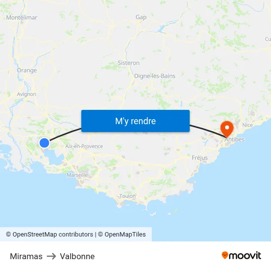 Miramas to Valbonne map