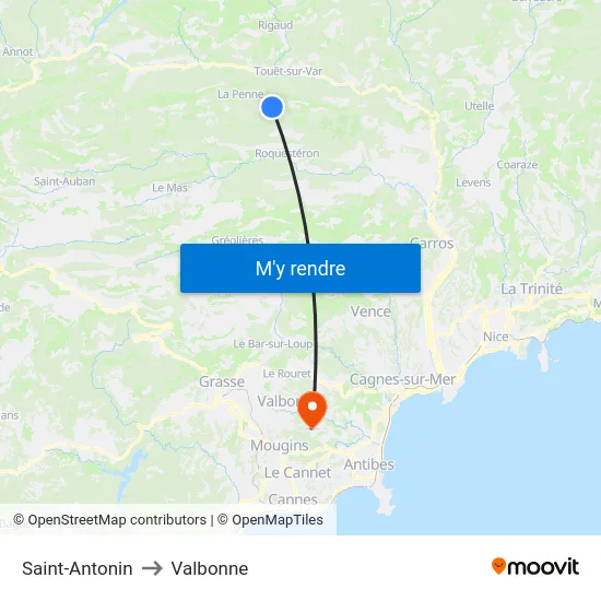 Saint-Antonin to Valbonne map