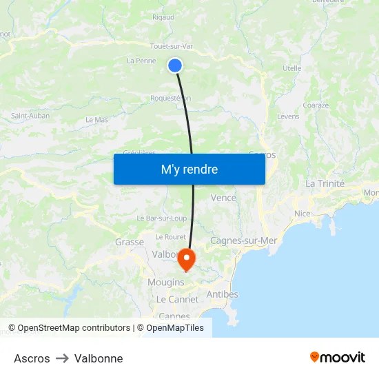 Ascros to Valbonne map