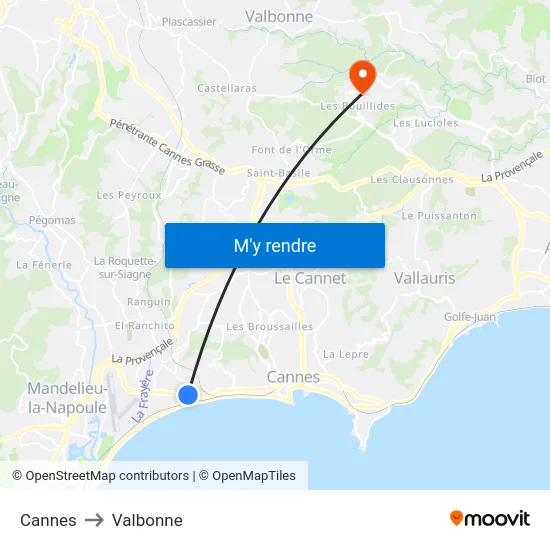 Cannes to Valbonne map