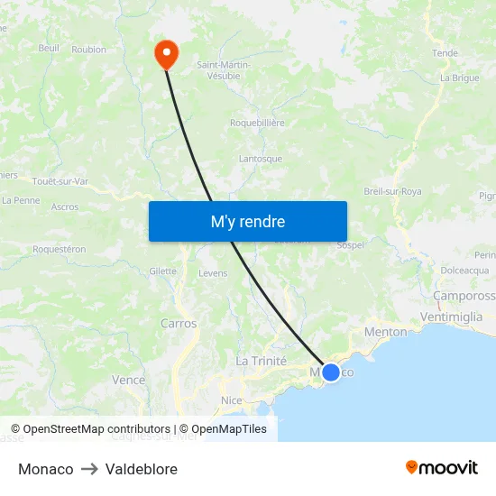 Monaco to Valdeblore map