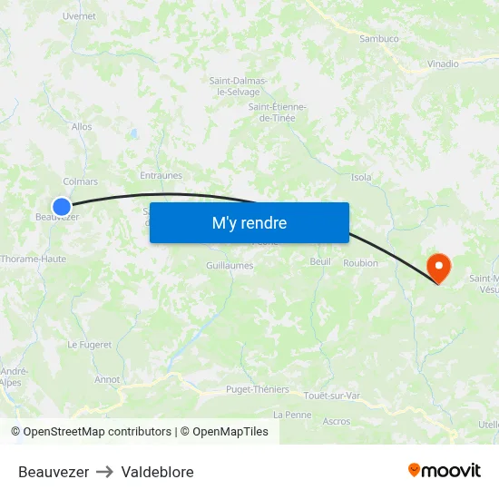 Beauvezer to Valdeblore map