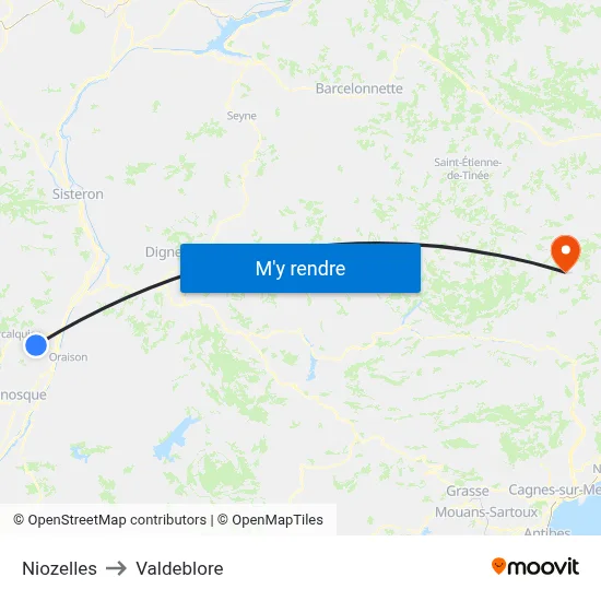 Niozelles to Valdeblore map