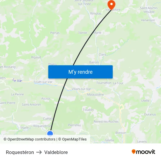 Roquestéron to Valdeblore map