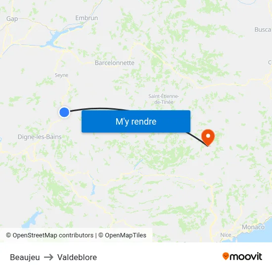 Beaujeu to Valdeblore map