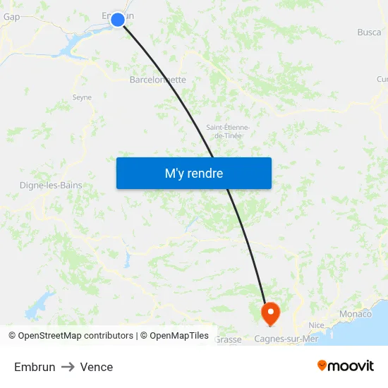 Embrun to Vence map