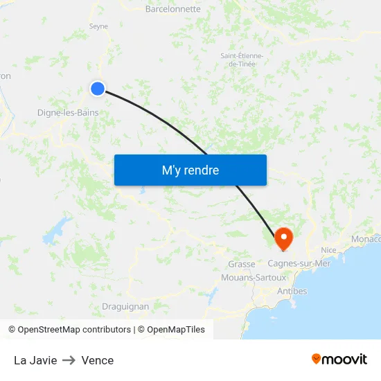 La Javie to Vence map