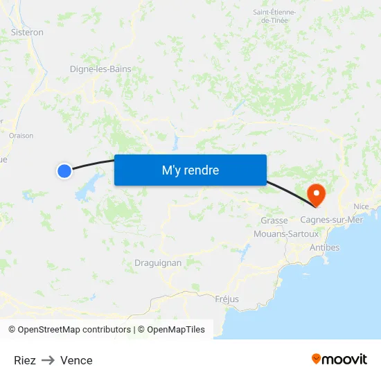 Riez to Vence map