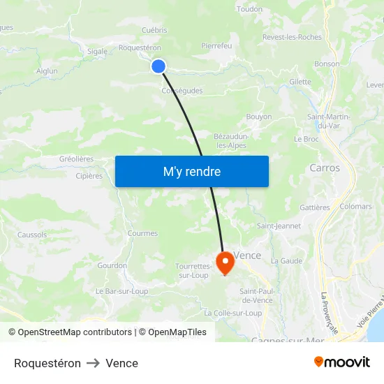 Roquestéron to Vence map