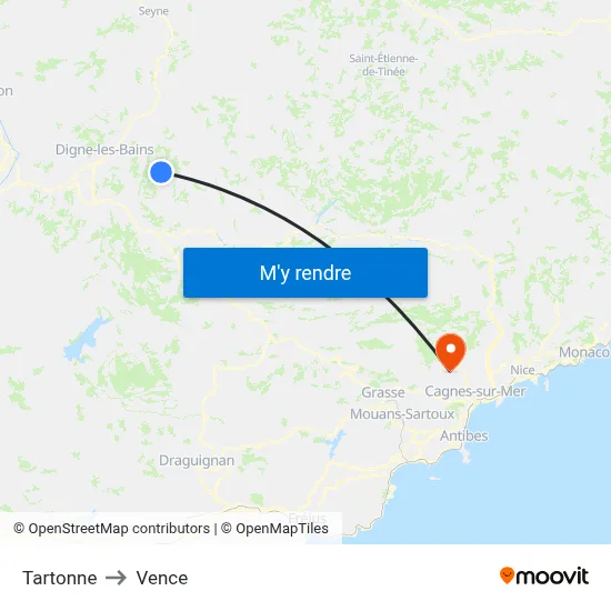 Tartonne to Vence map