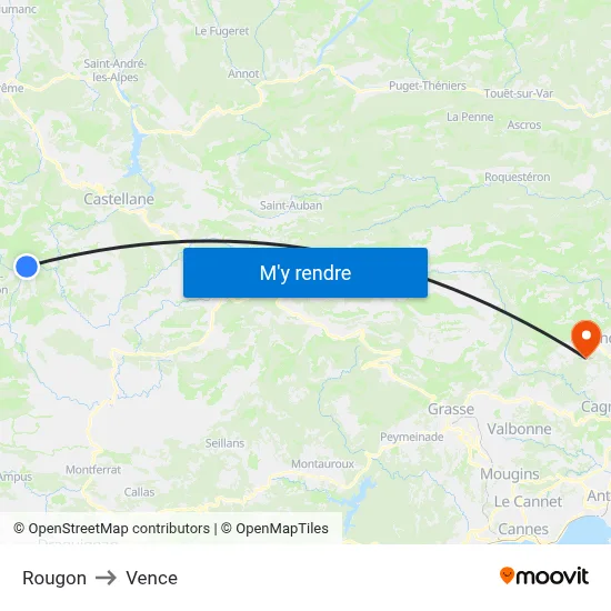 Rougon to Vence map