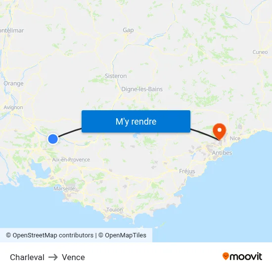 Charleval to Vence map