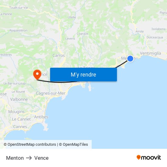 Menton to Vence map