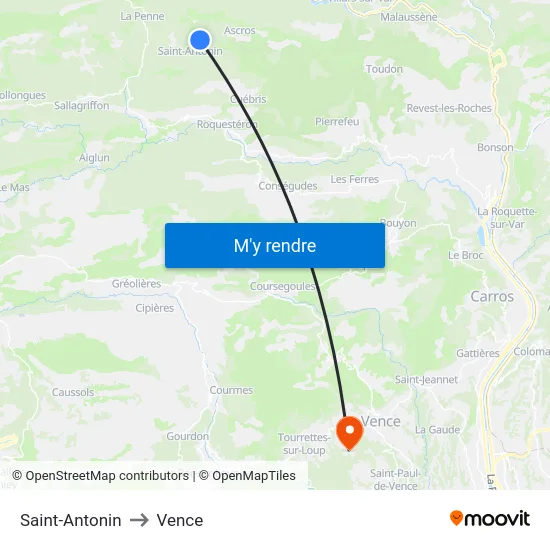 Saint-Antonin to Vence map