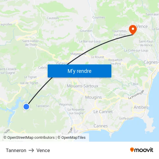 Tanneron to Vence map