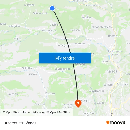 Ascros to Vence map