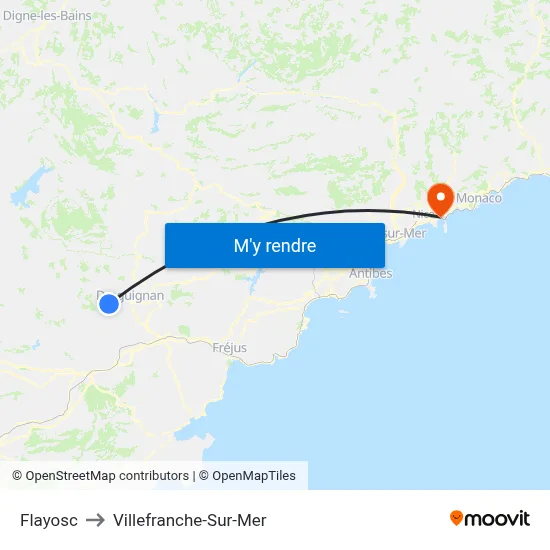 Flayosc to Villefranche-Sur-Mer map