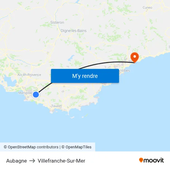 Aubagne to Villefranche-Sur-Mer map