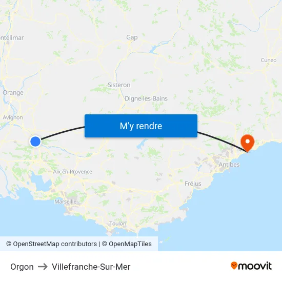 Orgon to Villefranche-Sur-Mer map