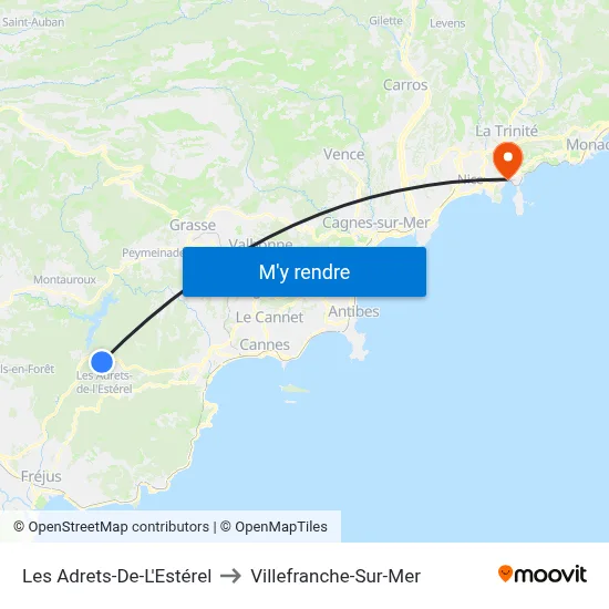 Les Adrets-De-L'Estérel to Villefranche-Sur-Mer map
