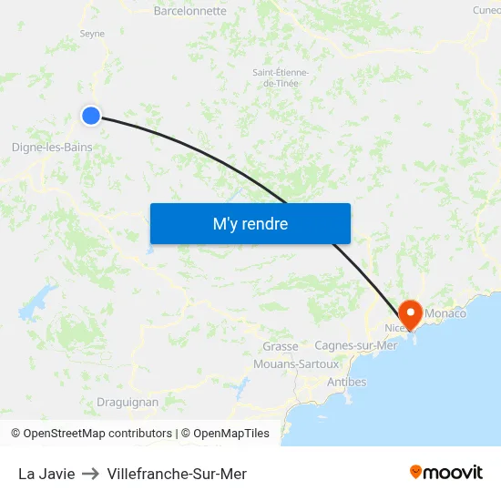 La Javie to Villefranche-Sur-Mer map