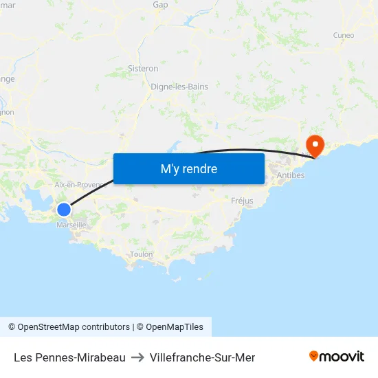 Les Pennes-Mirabeau to Villefranche-Sur-Mer map