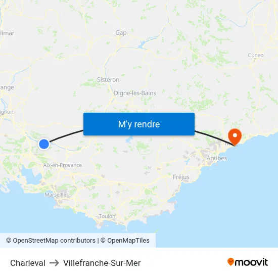 Charleval to Villefranche-Sur-Mer map