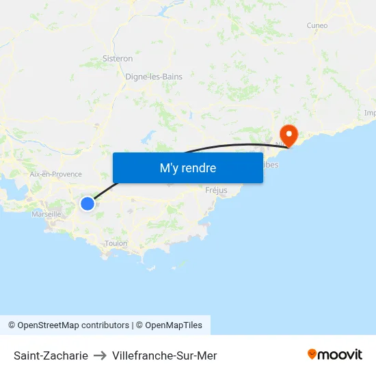 Saint-Zacharie to Villefranche-Sur-Mer map