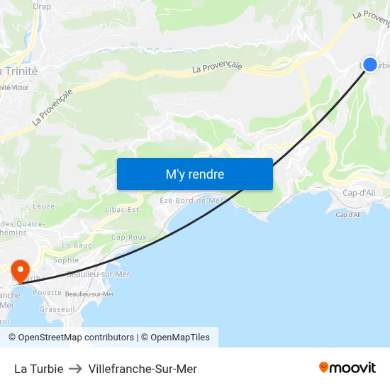La Turbie to Villefranche-Sur-Mer map