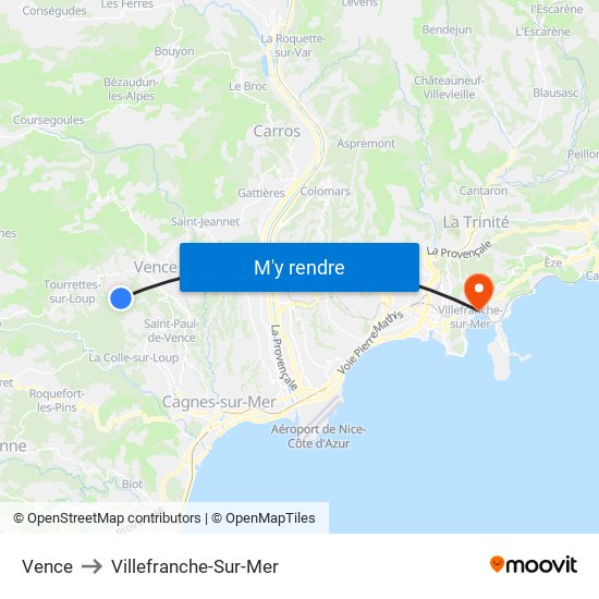 Vence to Villefranche-Sur-Mer map