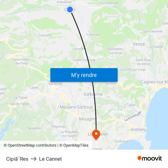 Cipiã¨Res to Le Cannet map