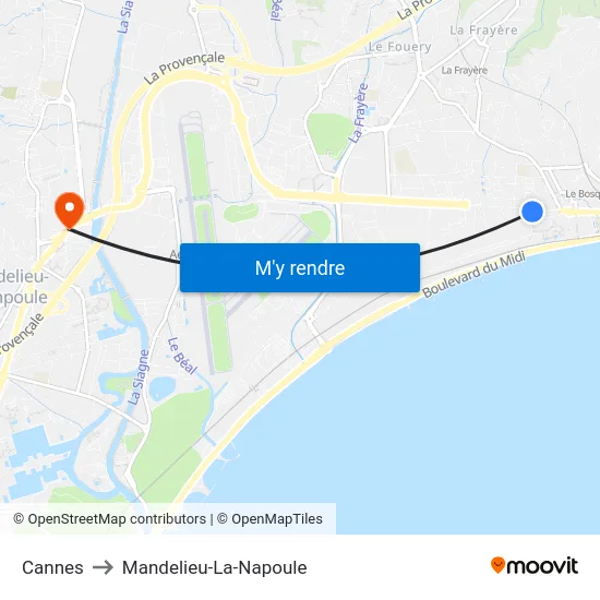 Cannes to Mandelieu-La-Napoule map