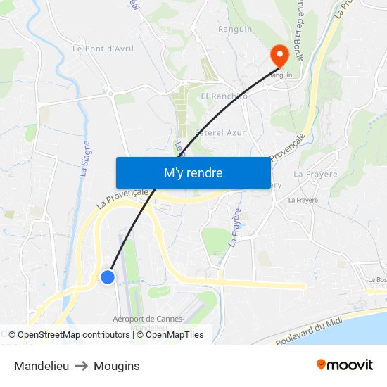 Mandelieu to Mougins map