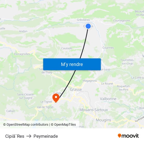 Cipiã¨Res to Peymeinade map