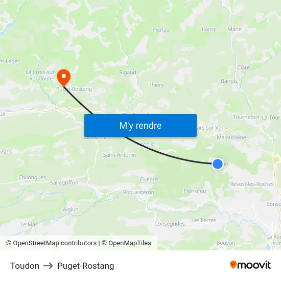Toudon to Puget-Rostang map