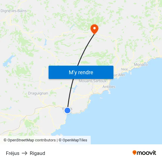 Fréjus to Rigaud map