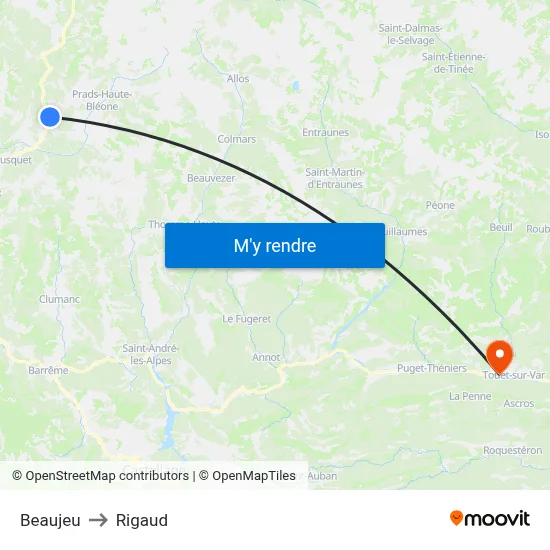 Beaujeu to Rigaud map