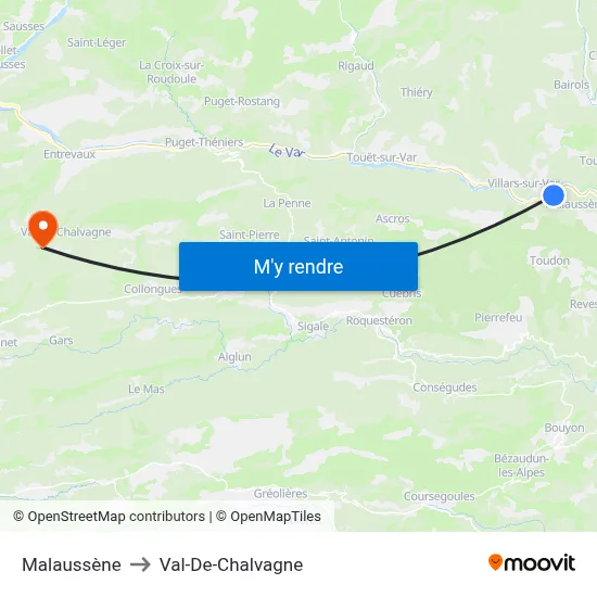 Malaussène to Val-De-Chalvagne map
