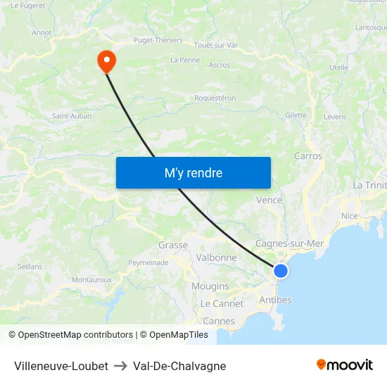 Villeneuve-Loubet to Val-De-Chalvagne map