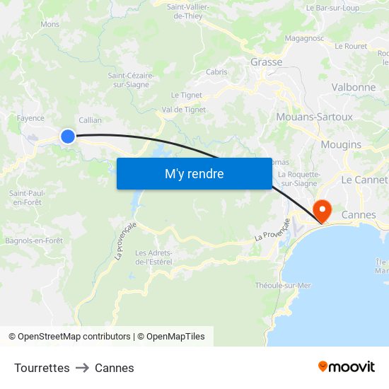 Tourrettes to Cannes map