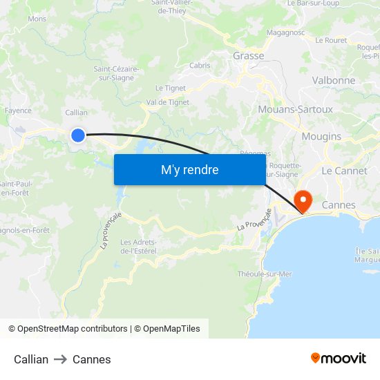 Callian to Cannes map
