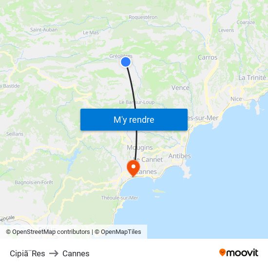 Cipiã¨Res to Cannes map