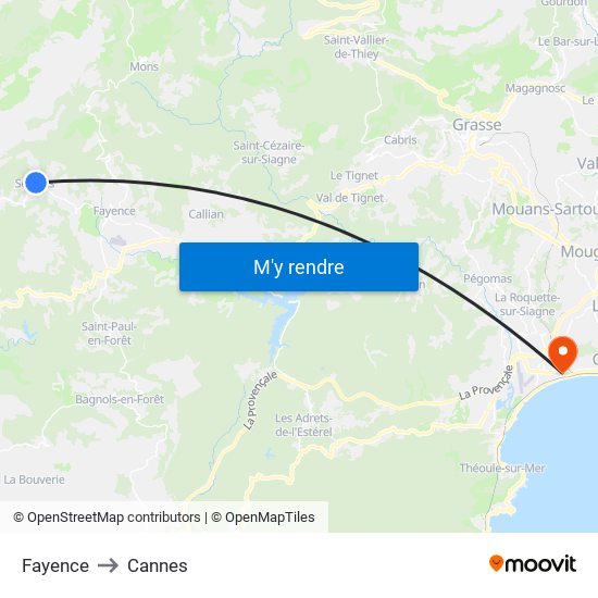 Fayence to Cannes map