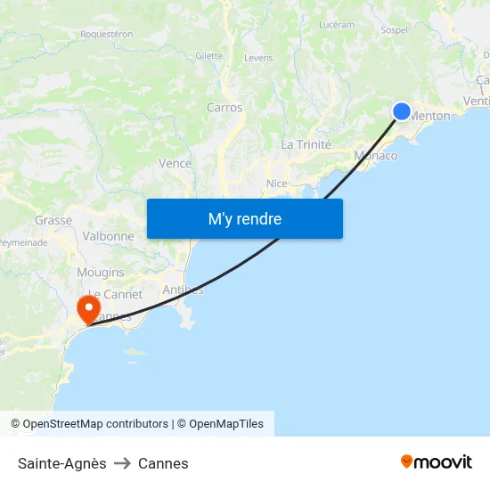 Sainte-Agnès to Cannes map