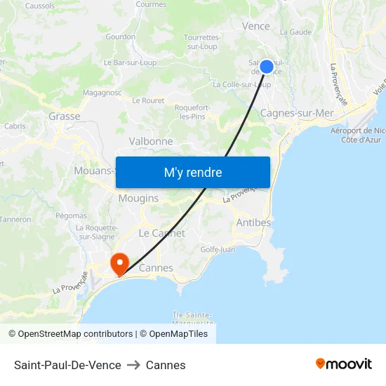 Saint-Paul-De-Vence to Cannes map